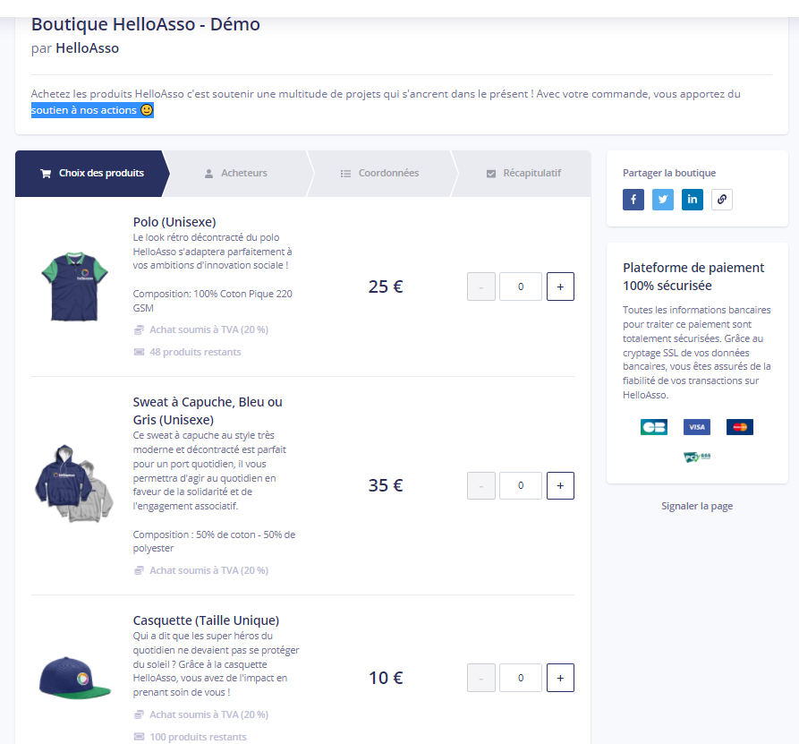 Exemple de boutique en ligne "Démo HelloAsso"